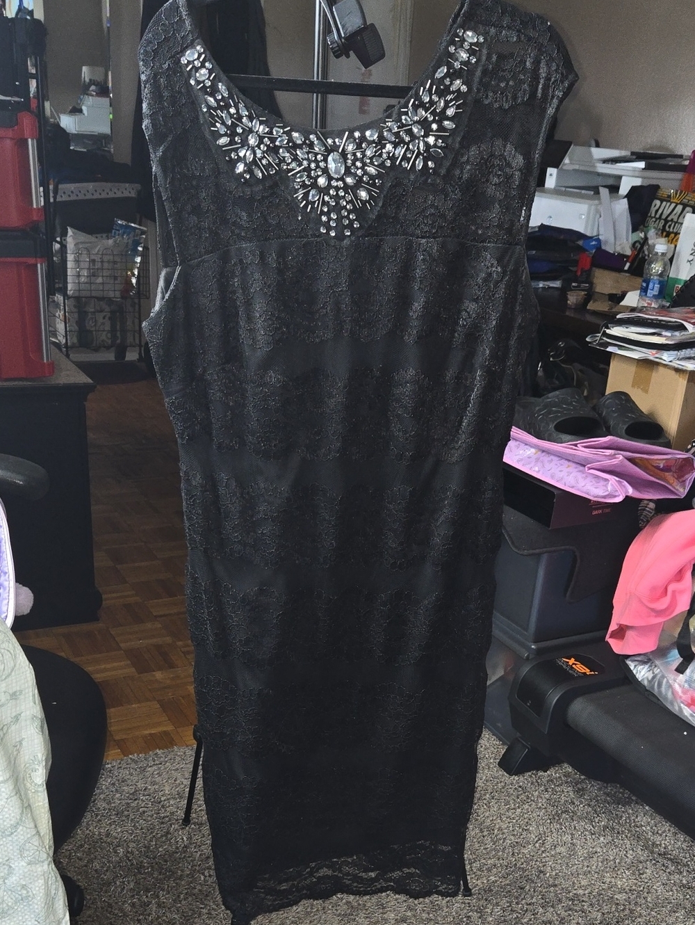 Scarlett Black Lace Midi Dress with Jeweled Neckline